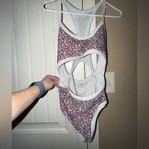 aerie White One-Piece Swimsuit with Red & Blue Floral Trim